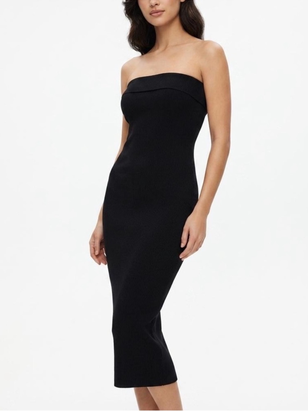 Strapless Ribbed Midi Dress in Black